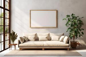 AI generated Rectangular frame poster mockup, on light concrete wall in living interior with modern boho furniture and big window, century beige sofa, scandinavian style interior decoration. photo