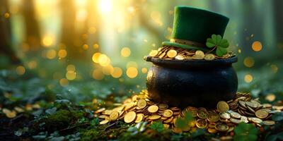 AI generated The Saint Patrick's day black cauldron with golden coins, hat and shamrocks in fairy tail forest. St. Patrick's Day banner background concept with copy space. photo