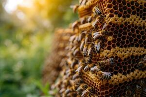 AI generated Honey bees working with honeycomb on the beehive. Close-up banner, spring and summer background. Beekeeping, wildlife and ecology concept with copy space. photo