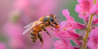 ai generado miel abeja cubierto con amarillo polen coleccionar néctar desde prado flores de cerca bandera, primavera y verano antecedentes. apicultura, fauna silvestre y ecología concepto. foto