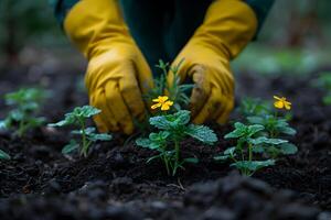 AI generated Closeup of gardeners female hands wearing yellow rubber gloves, planting young yellow flowers seedlings at garden bed. Gardening background concept. photo