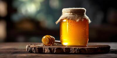 AI generated Honey jar with honey dipper or stick on wooden rustic table with copy space. Beekeeping, natural treatment for cough, strengthening the immune system and preventing colds concept. photo