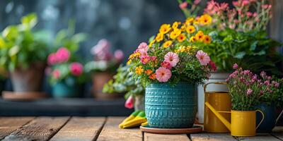 AI generated Colorful garden flowers pots with yellow rubber gloves and watering can on wooden table. Gardening background mockup concept with copy space. photo