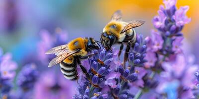 AI generated Honey bees covered with yellow pollen collecting nectar from lavender flower. Close-up banner, spring and summer background. Beekeeping, wildlife and ecology concept. photo