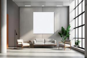 AI generated Square frame poster mockup, on light concrete wall in the waiting room of the hospital with modern scandinavian style furniture and big window, loft interior decoration. Generated AI. photo