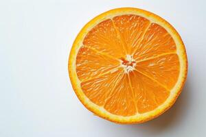 AI generated Close-Up View of a Juicy Orange Half Isolated on a White Background This image showcases a vibrant orange slice with its vivid orange textures highlighted against a clean, white backdrop. photo