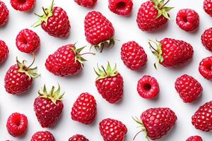 AI generated Pattern Fresh Raspberries Scattered on a White Background in Natural Daylight Ripe red raspberries is spread out on a white surface, highlighting their freshness and vibrant color. photo