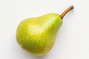 AI generated Close-Up of a Pear on a White Background This close-up photograph showcases a single pear, highlighting its textures, color, and shape, set against a plain white background. photo