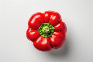 AI generated Vibrant Red Pepper With Green Stem on White Surface A vivid red pepper with a vibrant green stem stands on a clean white surface, creating a striking visual contrast. photo