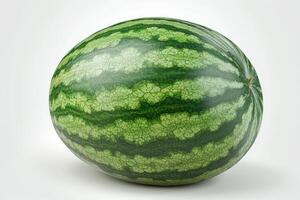 AI generated A watermelon is displayed on a plain white background, showcasing its vibrant colors and refreshing appearance. photo