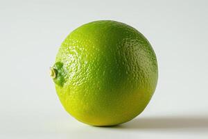 AI generated Lime isolated on White background A lime resting on a plain white table, creating a simple yet striking composition. photo