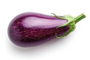 AI generated Purple Eggplant on White Background A single purple eggplant resting on a plain white background, displaying its vibrant color and smooth texture. photo