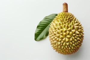 AI generated Close-Up View of a Fresh Durian Fruit With Leaf on a White Background A ripe durian fruit, renowned for its distinctive smell and taste, lies next to its green leaf photo