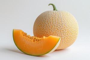 ai generado medio de Cantalupo en blanco antecedentes. un fotografía de un Cantalupo rebanado en medio, metido en un llanura blanco antecedentes. foto