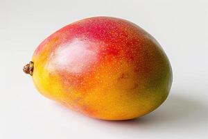 ai generado cerca arriba de mango en blanco superficie esta fotografía muestra un detallado de cerca ver de un mango descansando en un suave blanco superficie. foto