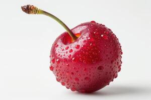 AI generated A single, ripe sweet cherry with water droplets glistening on its surface is isolated against a clean white backdrop. photo