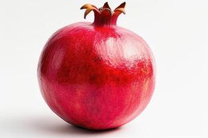 AI generated Close-Up View of a Ripe Pomegranate on a White Background This image shows a detailed and vibrant red pomegranate with a smooth, shiny skin isolated against a clean white backdrop. photo