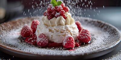 ai generado frambuesa Pavlova postre en un plato con en polvo azúcar Adición un recién preparado frambuesa Pavlova postre es exhibido con azotado crema y un limpiar el polvo de en polvo azúcar foto