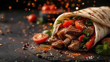 AI generated Shawarma. Fresh Meat Prepared Shawarma Pita with vibrant vegetable fillings is served in soft pita bread, of spices on rustic wooden background, suggesting a sizzling, photo