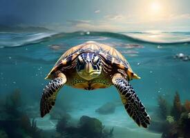 AI generated A turtle is swimming in the sea photo