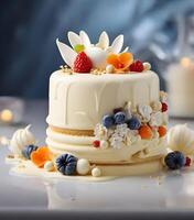 AI generated A beautiful vanilla cream cake crafted in molecular kitchen style photo