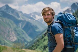 AI generated man with backpack looking at mountain, AI generated photo