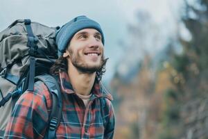 AI generated man with backpack looking at mountain, AI generated photo