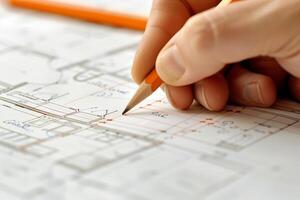 contractor drawing on blueprints with a pencil, creating a home improvement plan photo