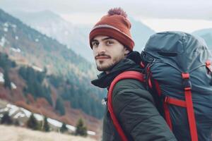 AI generated man with backpack looking at mountain, AI generated photo