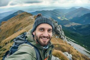 AI generated man with backpack looking at mountain, AI generated photo