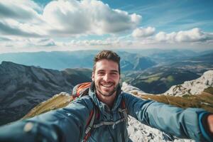 AI generated man with backpack looking at mountain, AI generated photo