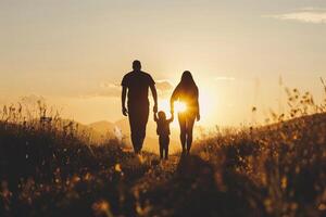 AI generated a family walking in a field at sunset, AI generated photo