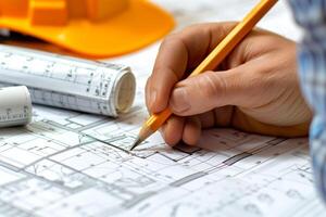 contractor drawing on blueprints with a pencil, creating a home improvement plan photo