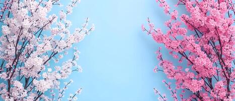 AI generated Background of soft blue color with spring flowers photo