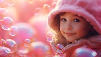 AI generated Little girl looks at flying soap bubbles photo