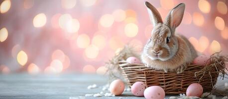 AI generated Easter bunny with basket and Easter eggs photo