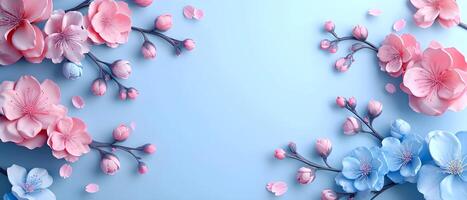 AI generated Background of soft blue color with spring flowers photo