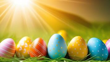 AI generated Colorful Ester eggs on spring grass with sunlight. Background photo