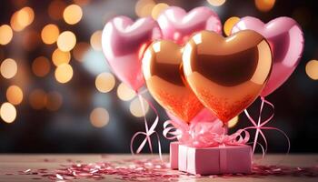 AI generated Heart shaped balloons with gift boxes on dark background with yellow bokeh. photo