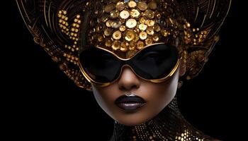 AI generated Young woman wearing sunglasses and a futuristic gold outfit. photo