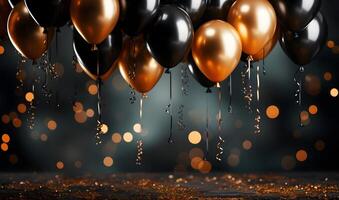 AI generated Yellow and black balloons on a dark background with yellow bokeh. photo