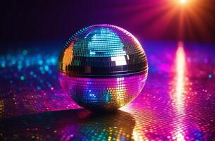 AI generated A disco ball is sitting on a shiny surface with a colorful background photo