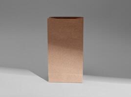 Beige kraft paper bag mockup. Craft soft package, upright packet photo