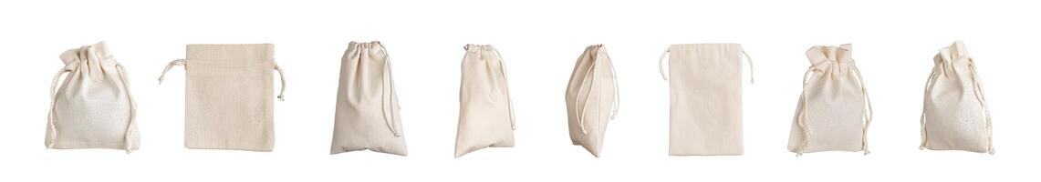 Textile bags set, pack mock up. Natural organic cotton sack isolated on white photo