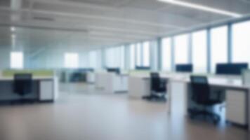 AI generated Open office space with tables and chairs, blurred background. Empty modern coworking area photo