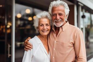 AI generated Happy senior couple, married man and woman. Smiling 50s partners portrait, hugging. Old valentines photo