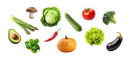 AI generated Vegetables set. Fresh healthy natural food. Asparagus, cabbage, tomato and pumpkin isolated on white photo