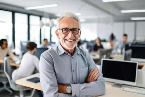 AI generated Senior CEO, manager portrait on blurred office, company background. Elderly man employee photo