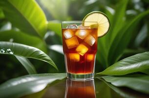 AI generated Iced tea in glass. Refreshing summer drink among jungle leaves photo