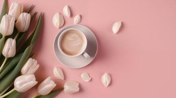AI generated White tulips realistic with coffee photo
